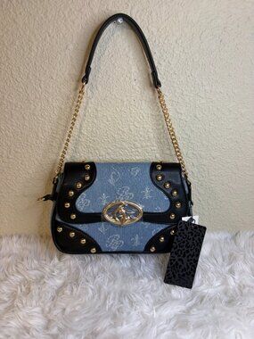 Baby Phat Denim Shoulder Bag Blue Black Gold Chain Logo NWT